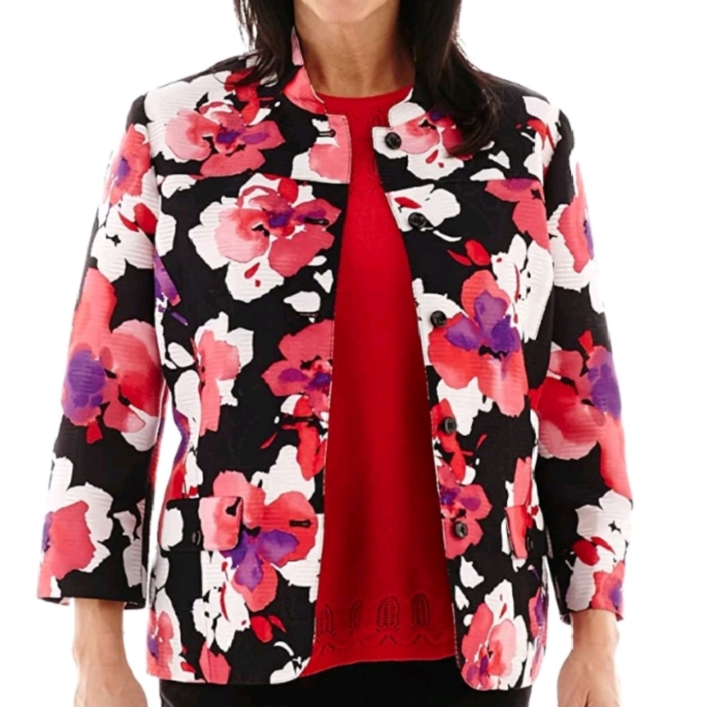 Alfred Dunner Pink White Red Floral roses jacket 3/4 length mandarin Size 16 New